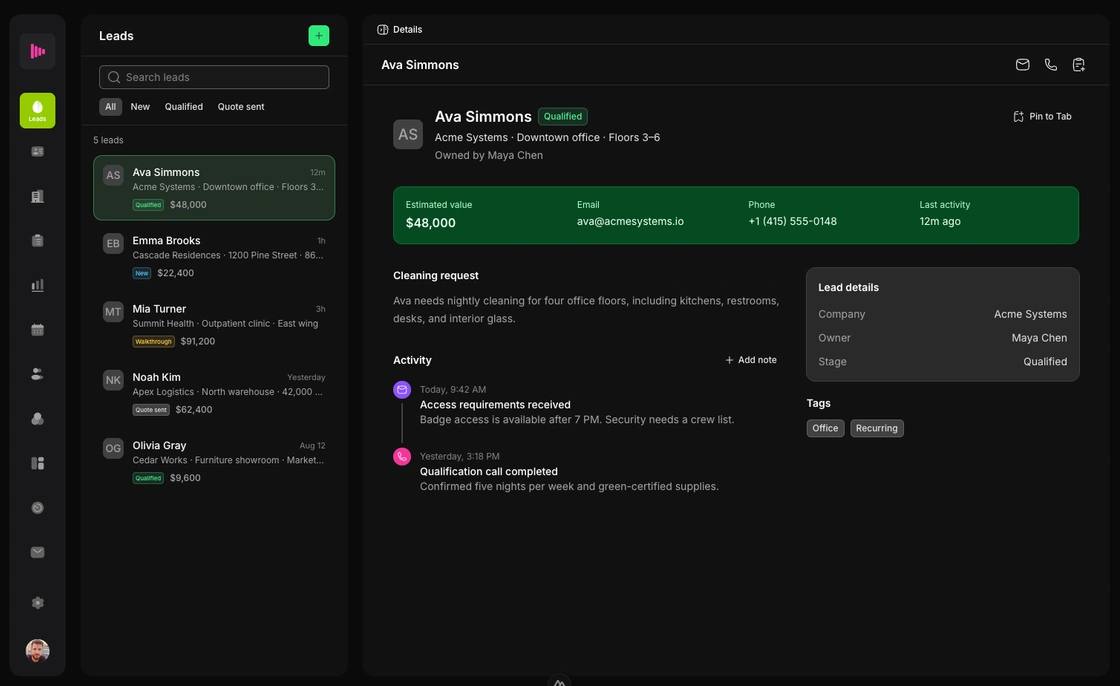 Neyton.ai leads inbox showing an incoming cleaning request with contact details and activity history