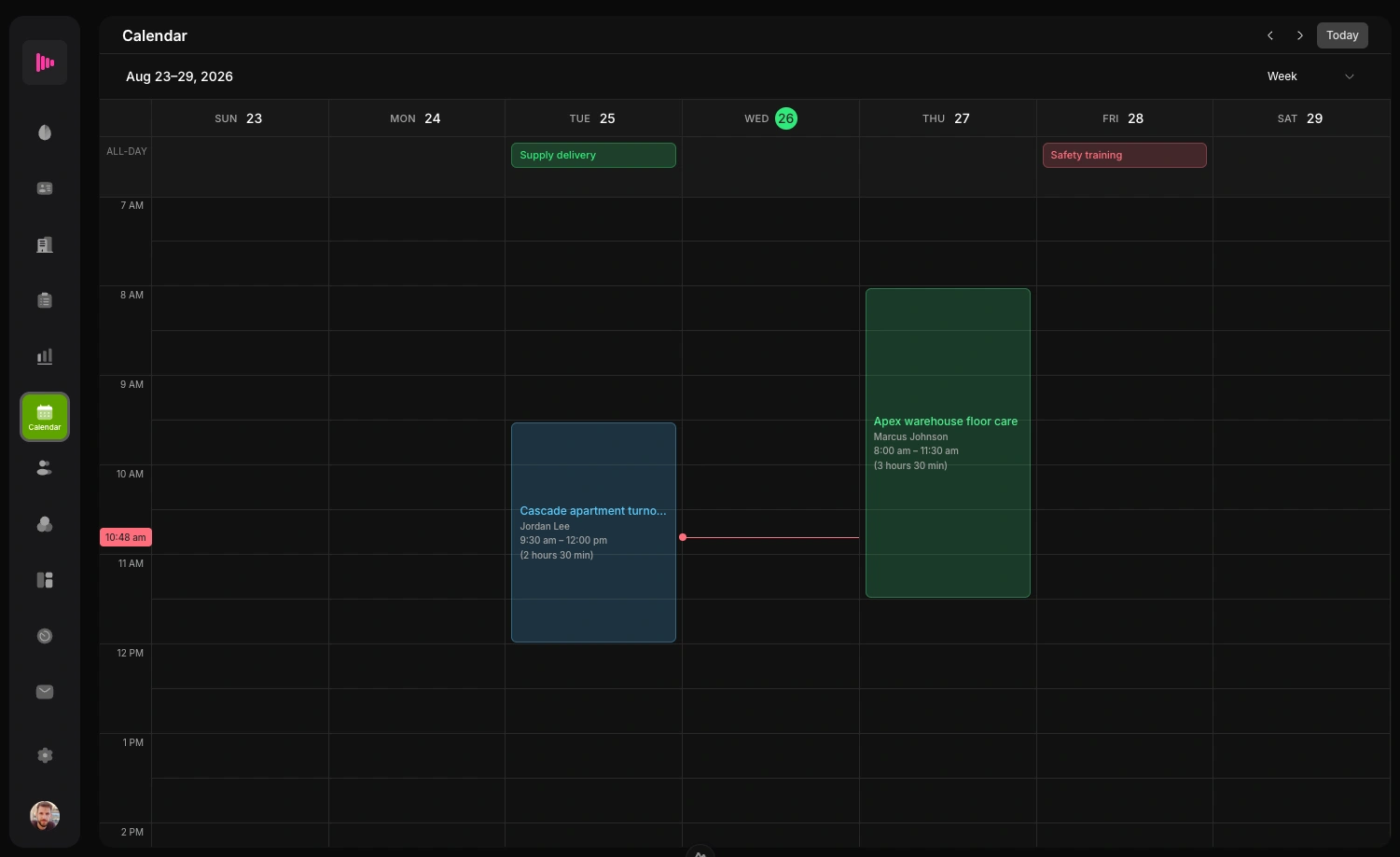 Neyton.ai weekly capacity view with scheduled cleaning jobs